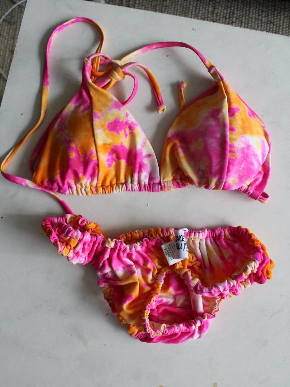 Princess Polly Pink Orange Tie Dye Ruffle Triangle Bikini Swimsuit Set